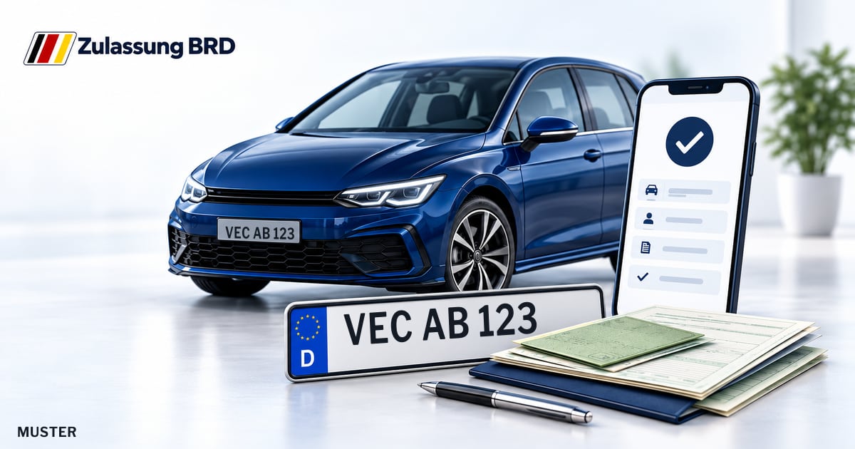 Online Fahrzeugzulassung in Damme: Musterkennzeichen VEC AB 123, Auto und Fahrzeugpapiere und Smartphone. Illustration mit Logo von Zulassung BRD.